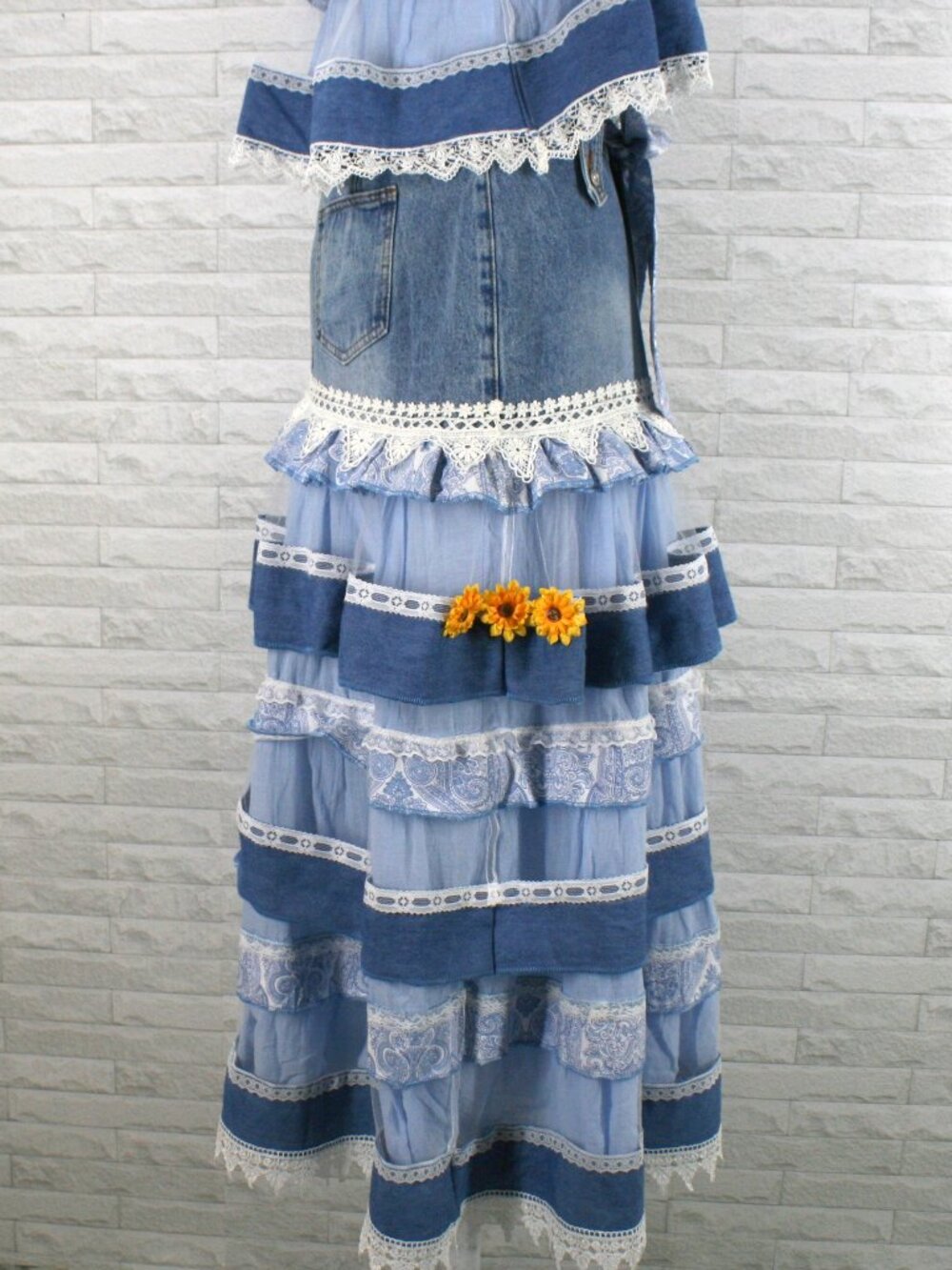 HAND CRAFTED Upcycled Skirt Set Denim Jean Lace Paisley Floral Maxi Blue Medium - Picture 4 of 16